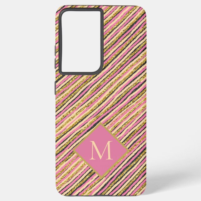 Luxus Gold Glitzer Sparkle Streifen Pink Monogram Samsung Galaxy Hülle (Rückseite)