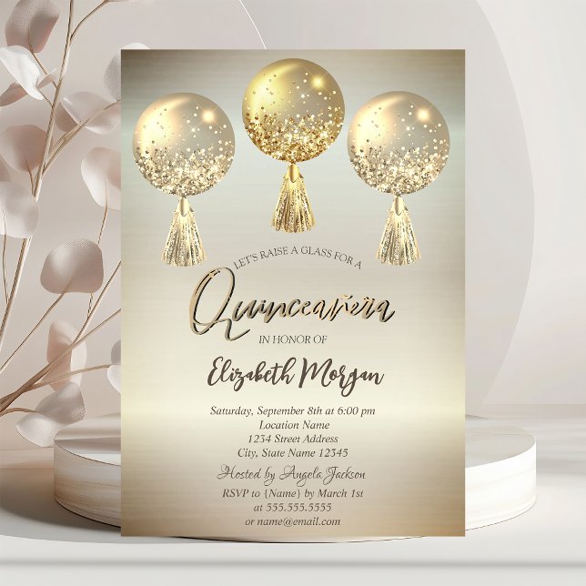 Luxus Gold Glitzer Tropfen Balloons Quinceañera Einladung (Von Creator hochgeladen)