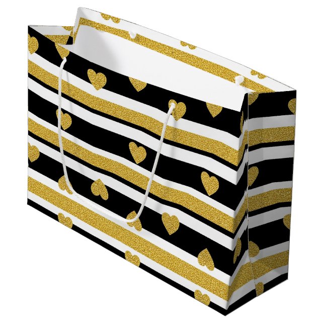 Luxus-Gold-Herzen-Streifenmuster Große Geschenktüte (Vorderseite Schrägansicht)