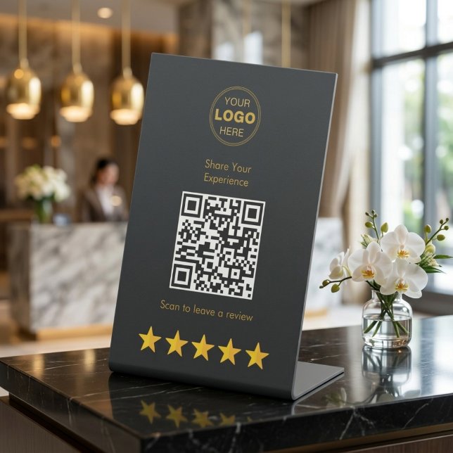 Luxus-Gold-Holzkohle-QR-Code-Review-Feedback Sockelschild (Luxury QR Code Pedestal Sign for 5-Star Customer Feedback & Reviews)