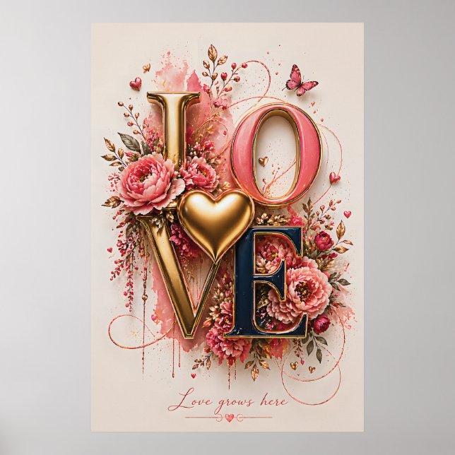 Luxus Gold LOVE Florales Design | Poster (Vorne)