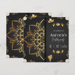 Luxus Gold Mandala & Schwarze Florale Geburtstagse Einladung