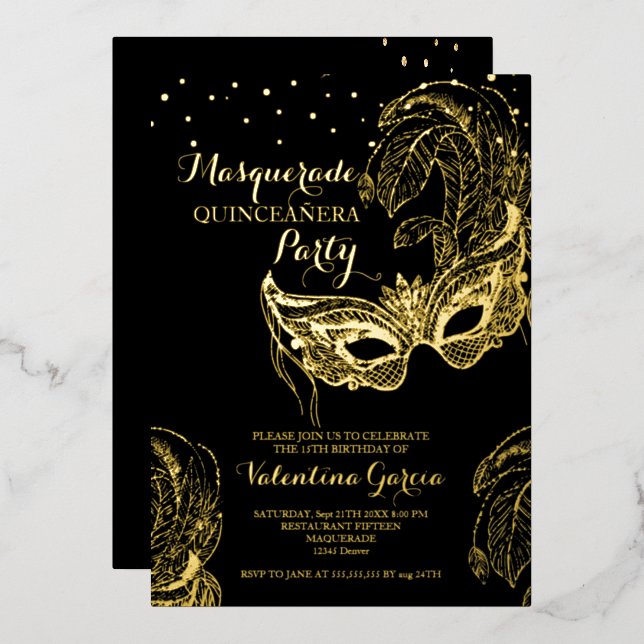 Luxus Gold Masquerade Quinceñera Einladung (Vorderseite/Rückseite)