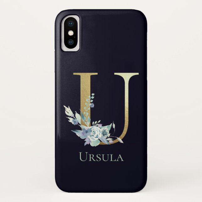 Luxus Gold Monogram Letter U Floral Blue Name Case-Mate iPhone Hülle (Rückseite)