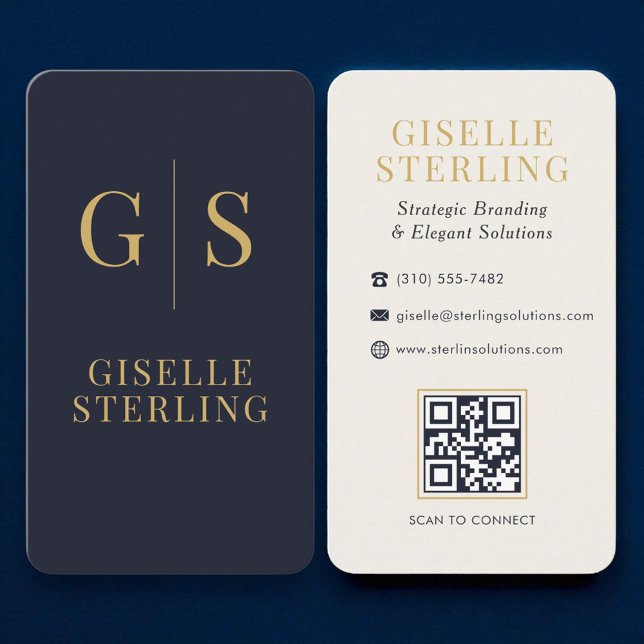 Luxus Gold Monogram Navy Blue QR Code Visitenkarte (Von Creator hochgeladen)