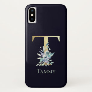 Luxus-Gold-Monogramm Buchstabe T Florale Blaue Nam Case-Mate iPhone Hülle