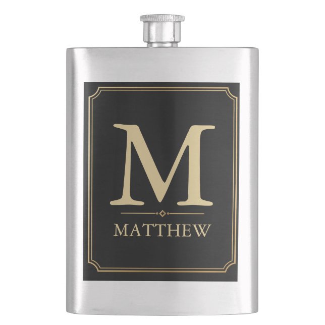 Luxus-Gold-Monogramm-schwarze-Flasche Flachmann (Vorderseite)