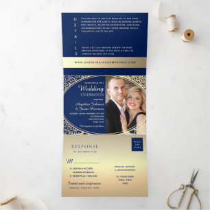 Luxus Gold Navy Blau Blumen Foto Hochzeit Dreifach Gefaltete Einladung