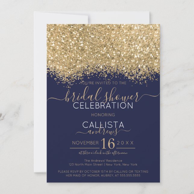 Luxus Gold Navy Glitzer Confetti Brautparty Einladung (Vorderseite)