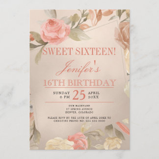 Luxus Gold Peach Coral Floral 16 . Geburtstag Einladung