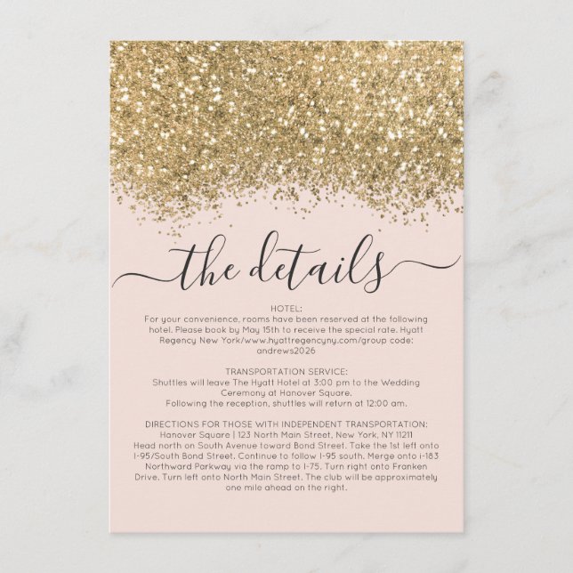 Luxus Gold Pink Glitzer Confetti Wedding Details Begleitkarte (Vorderseite)