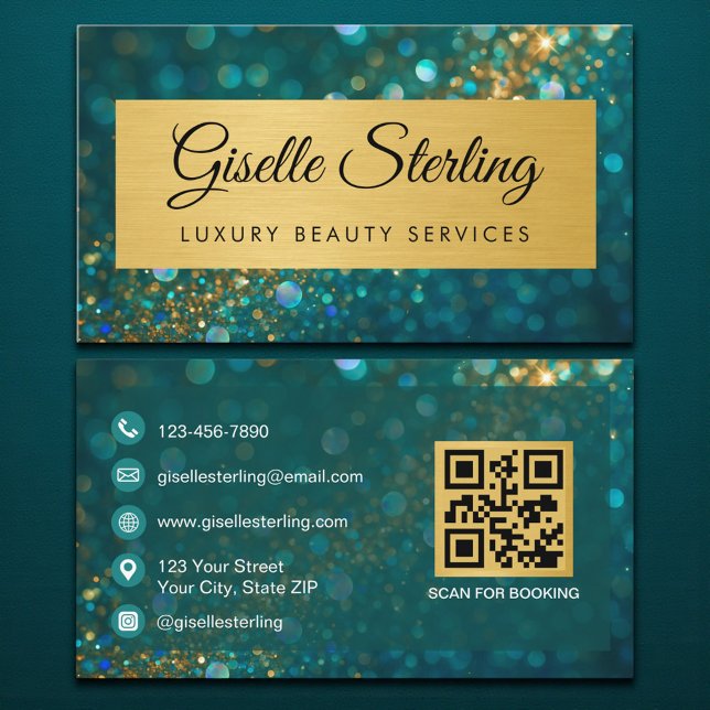 Luxus-Gold-Teal-Opal-Glitter-QR-Code Visitenkarte (Von Creator hochgeladen)