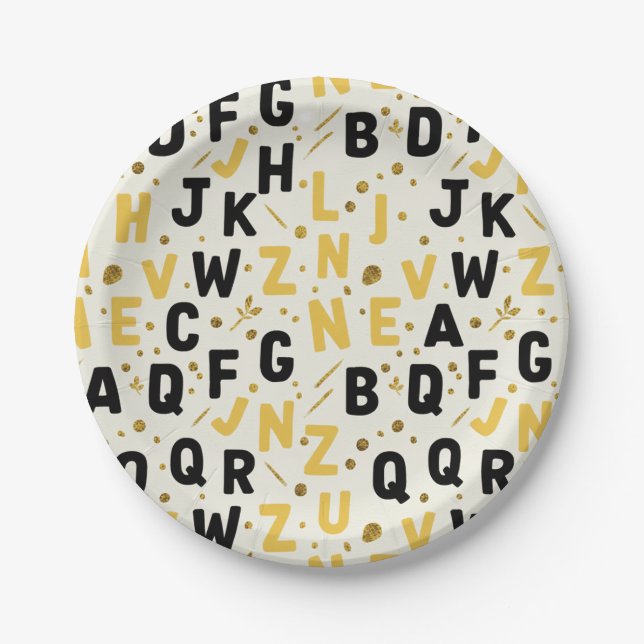 Luxus-Gold-und-Schwarz-Alphabet Pappteller (Vorderseite)