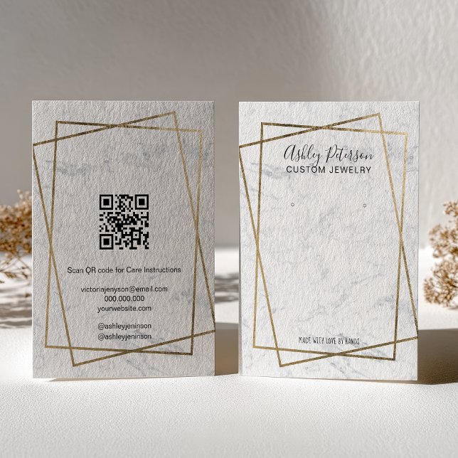 Luxus-Gold-Weißmarmor-QR-Code-Ohrhänger-Display Visitenkarte (Luxury Gold White Marble QR code Earring Display Business Card)