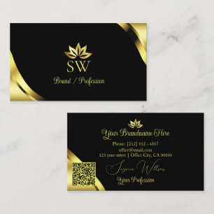 Luxus-Goldecken auf Schwarz mit Monogramm-QR-Code Visitenkarte