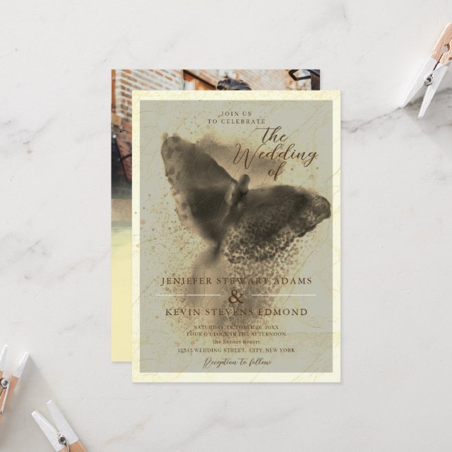 Luxus Golden Butterfly Foto Overlay Hochzeit Einladung (Vorderseite/Rückseite Beispiel)