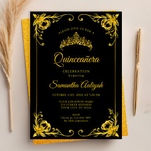 Luxus Golden Crown Black und Gold Quinceanera Einladung