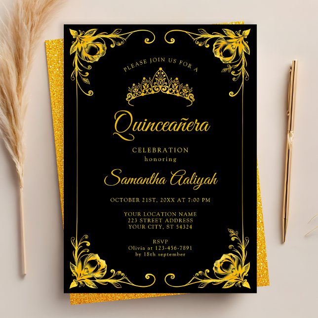 Luxus Golden Crown Black und Gold Quinceanera Einladung (Von Creator hochgeladen)
