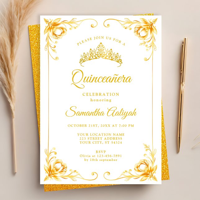 Luxus Golden Crown White und Gold Quinceanera Einladung (Von Creator hochgeladen)