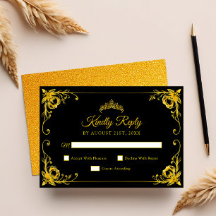 Luxus Golden Floral Black und Gold Quinceanera RSVP Karte