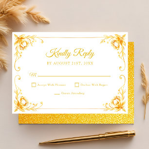 Luxus Golden Floral White und Gold Quinceanera RSVP Karte