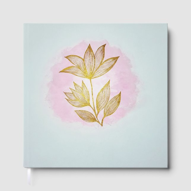 Luxus Golden Flower Pink Aquarell  Gästebuch (Vorderseite)