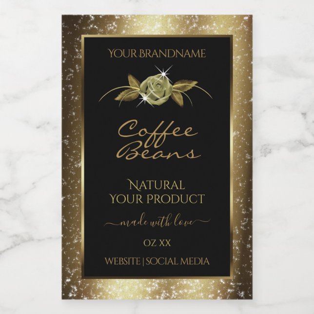 Luxus Golden Glitzer Floral Black Produktkennzeich Lebensmitteletikett (Einzelnes Label)