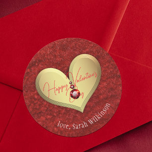 Luxus Goldenes Herz mit Red Gems Valentinstag Runder Aufkleber