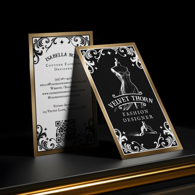 Luxus-Gotisch-Vintage Schwarz Gold Modedesigner Visitenkarte (Luxury Gothic Vintage Black Gold Fashion Designer Business Card)