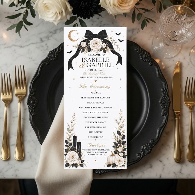 Luxus-Gotische-Schwarze-Schleife-Hochzeitsprogramm Menükarte (Von Creator hochgeladen)