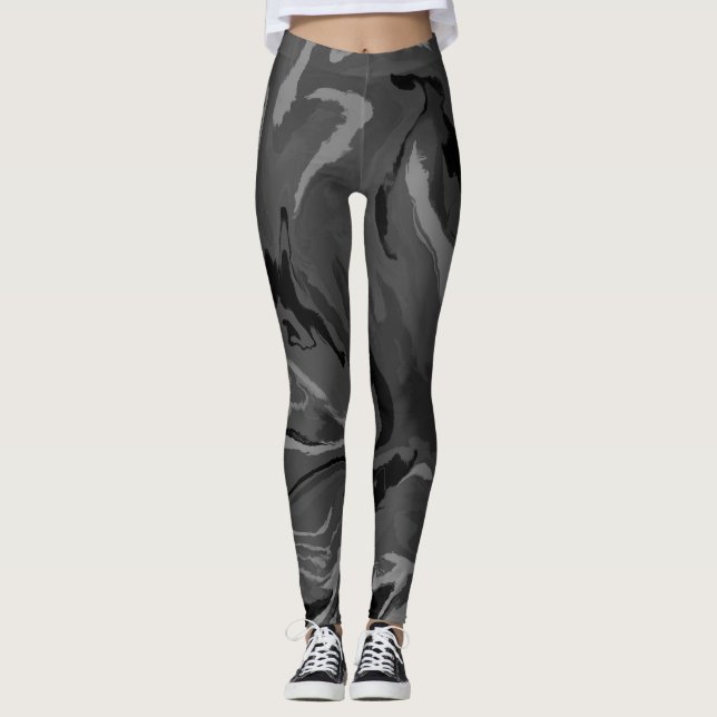 Luxus Grau Schwarz Wasserfarbe Abstrakt Magie Leggings (Vorderseite)