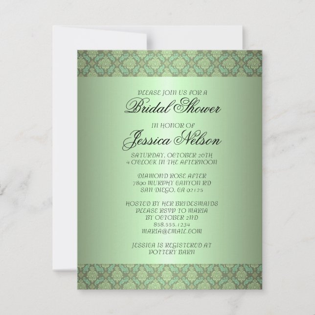 Luxus Green Damask Wirbel Bridal Einladung (Vorderseite)