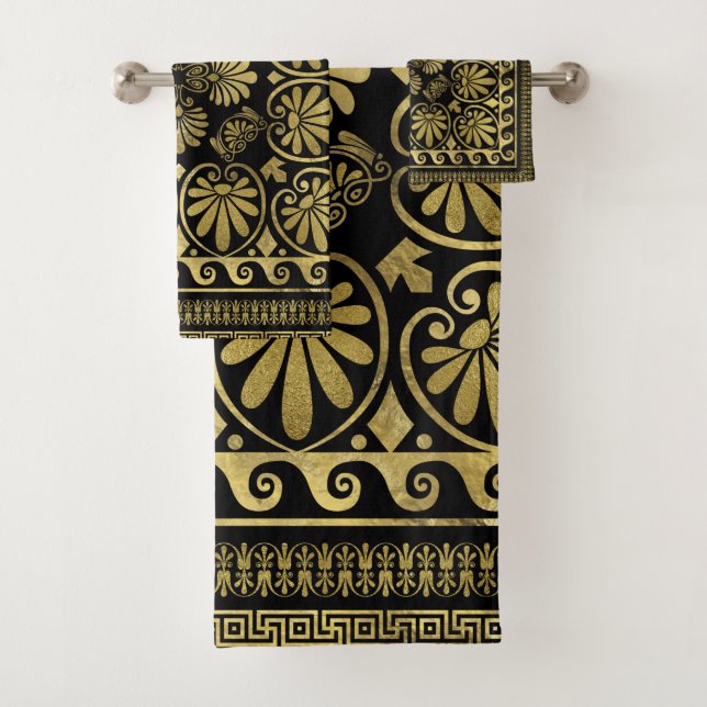 Luxus griechisches Ornament Schwarz und Gold Badhandtuch Set (Insitu)
