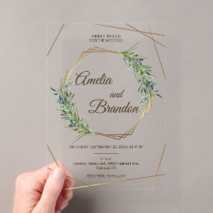 Luxus-Grün-Berry-Geometrie-Gold-Hochzeit Acryleinladungen