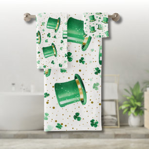 Luxus Grün Gold Hüte und Shamrocks Weiß Badhandtuch Set