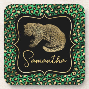 Luxus Grün Leopardendruck Gold Tier Monogramm Getränkeuntersetzer
