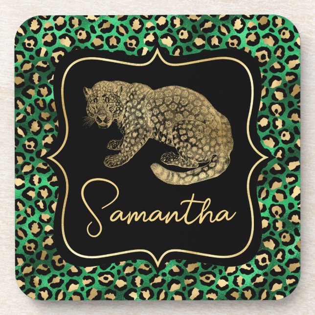 Luxus Grün Leopardendruck Gold Tier Monogramm Getränkeuntersetzer (Vorderseite)