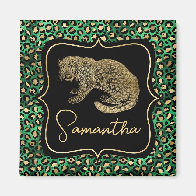 Luxus Grün Leopardendruck Gold Tier Monogramm Magnet (Vorne)