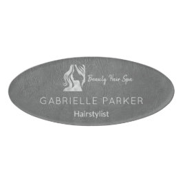 Luxus-Haarstylist Graues Leder Look Silver Logo Namenschild