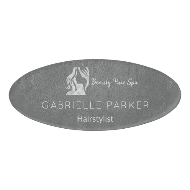 Luxus-Haarstylist Graues Leder Look Silver Logo Namenschild (Vorderseite)