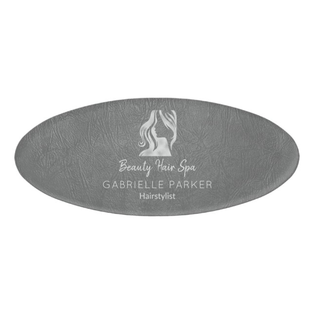 Luxus-Haarstylist Graues Leder Look Silver Logo Namenschild (Vorderseite)