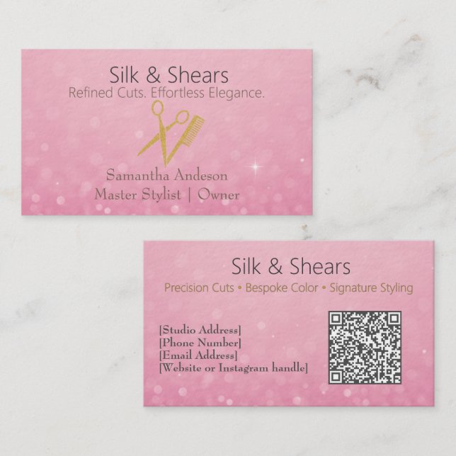 Luxus Hair Studio Business Card mit rosa Glitzer Visitenkarte (Vorne/Hinten)