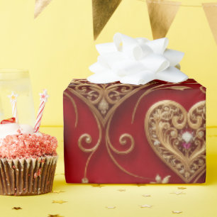 Luxus-Herz mit roter und goldener Filigran-Juwelen Geschenkpapier
