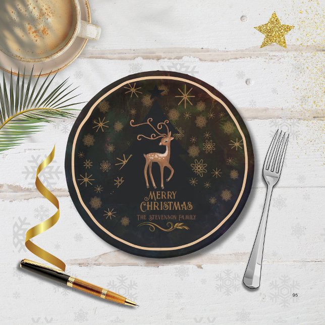 Luxus Hirsch & Frohe Weihnachten Einwegbares Abend Pappteller (Luxury Deer & Merry Christmas Disposable Dinner Paper Plates)