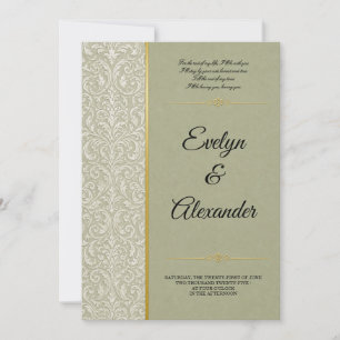 Luxus-Hochzeit in Salbeigrün mit Damast und Gold Einladung