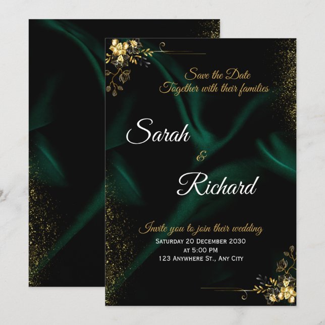 Luxus-Hochzeitseinladung Emerald Gold Einladung (Vorne/Hinten)