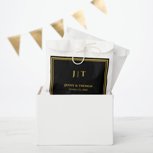 Luxus-Hochzeitsgunstbeutel Schwarz & Gold Monogram Geschenktütchen (Party)