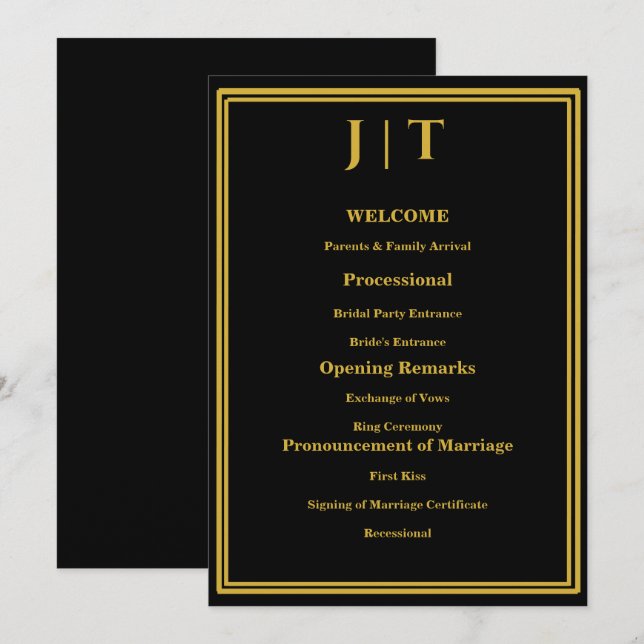Luxus-Hochzeitsprogrammkarte Schwarz & Gold mit Mo Programm (Vorne/Hinten)