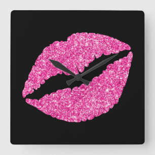 Luxus-Hot-Pink-Glitter-Lippenstift auf Schwarz Quadratische Wanduhr