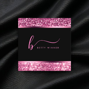 Luxus Hot Pink Glitzer Modernes Script Monogram Quadratische Visitenkarte